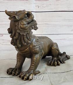 Ancien Chinois Feng Shui Bronze Fu Chien Beast Statue'Lost' Cire Méthode Décor