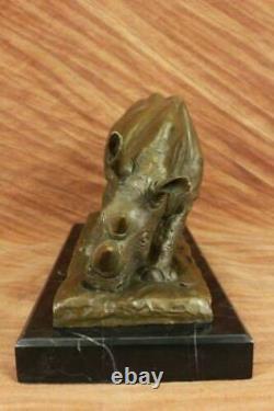 Ancien Disparition Rhinocéros Bronze Sculpture Signé Barye Animal Statue Décor