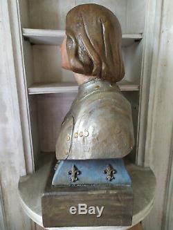 Ancien Grand Buste de Jeanne D'arc en bois polychromé 18ieme siecle estampillé