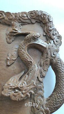 Ancien Plateau Bois Thé Dragons Sculpture Indochine Bac Ninh Tuc son 1932