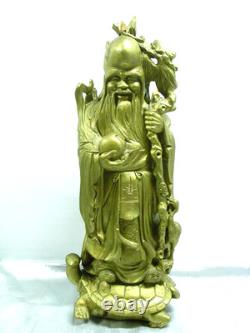 Ancien Sage Chinois Sculpture Bois Statue Personnage Tortue Art Asiatique