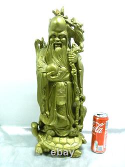 Ancien Sage Chinois Sculpture Bois Statue Personnage Tortue Art Asiatique