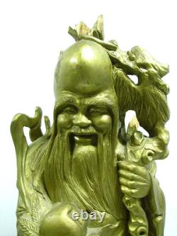 Ancien Sage Chinois Sculpture Bois Statue Personnage Tortue Art Asiatique