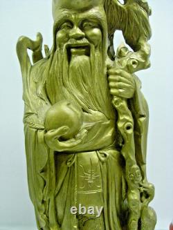 Ancien Sage Chinois Sculpture Bois Statue Personnage Tortue Art Asiatique