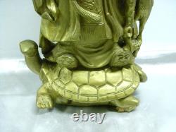 Ancien Sage Chinois Sculpture Bois Statue Personnage Tortue Art Asiatique