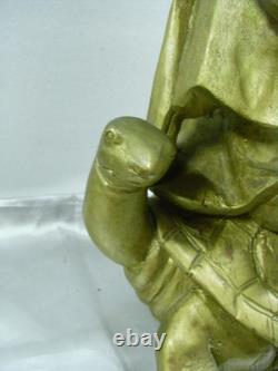 Ancien Sage Chinois Sculpture Bois Statue Personnage Tortue Art Asiatique