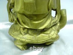 Ancien Sage Chinois Sculpture Bois Statue Personnage Tortue Art Asiatique