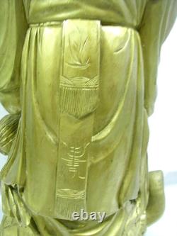 Ancien Sage Chinois Sculpture Bois Statue Personnage Tortue Art Asiatique