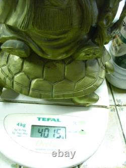 Ancien Sage Chinois Sculpture Bois Statue Personnage Tortue Art Asiatique