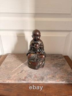 Ancien Sculpture BOUDDHA Enfant Garçon Bouddhisme Moine Tibétain Bronze Fonte 19