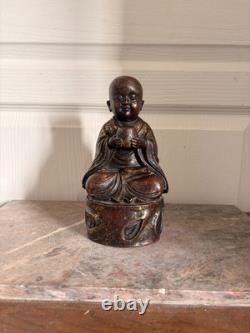 Ancien Sculpture BOUDDHA Enfant Garçon Bouddhisme Moine Tibétain Bronze Fonte 19