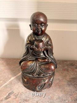 Ancien Sculpture BOUDDHA Enfant Garçon Bouddhisme Moine Tibétain Bronze Fonte 19