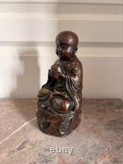 Ancien Sculpture BOUDDHA Enfant Garçon Bouddhisme Moine Tibétain Bronze Fonte 19