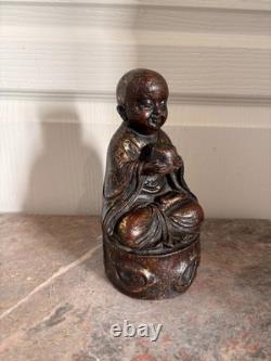 Ancien Sculpture BOUDDHA Enfant Garçon Bouddhisme Moine Tibétain Bronze Fonte 19