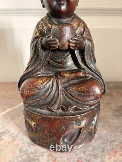 Ancien Sculpture BOUDDHA Enfant Garçon Bouddhisme Moine Tibétain Bronze Fonte 19
