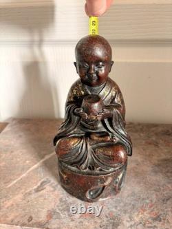Ancien Sculpture BOUDDHA Enfant Garçon Bouddhisme Moine Tibétain Bronze Fonte 19