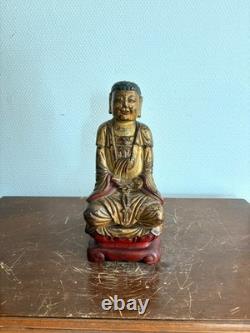 Ancien Sculpture Bois Doré Laqué Bouddha Divinité Amitabha Moine Eveillé XIXème