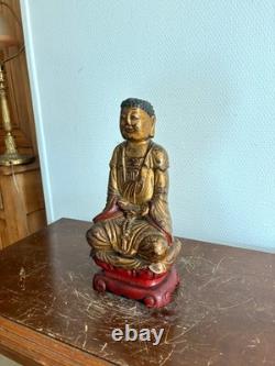 Ancien Sculpture Bois Doré Laqué Bouddha Divinité Amitabha Moine Eveillé XIXème
