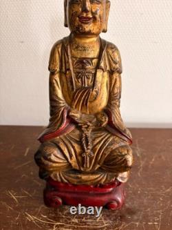 Ancien Sculpture Bois Doré Laqué Bouddha Divinité Amitabha Moine Eveillé XIXème