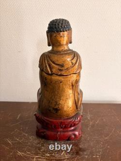 Ancien Sculpture Bois Doré Laqué Bouddha Divinité Amitabha Moine Eveillé XIXème