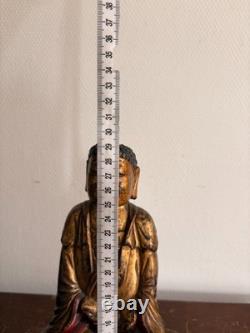 Ancien Sculpture Bois Doré Laqué Bouddha Divinité Amitabha Moine Eveillé XIXème