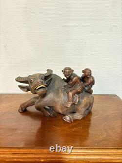 Ancien Sculpture Buffle D'eau aux Deux Enfants Dynastie Qing Vietnam Chine Chino