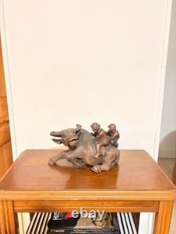 Ancien Sculpture Buffle D'eau aux Deux Enfants Dynastie Qing Vietnam Chine Chino
