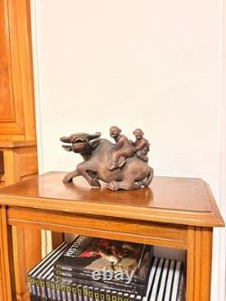 Ancien Sculpture Buffle D'eau aux Deux Enfants Dynastie Qing Vietnam Chine Chino