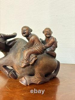 Ancien Sculpture Buffle D'eau aux Deux Enfants Dynastie Qing Vietnam Chine Chino