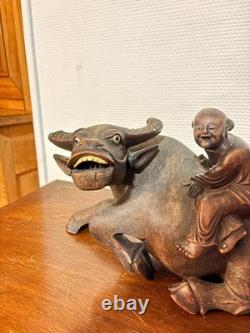 Ancien Sculpture Buffle D'eau aux Deux Enfants Dynastie Qing Vietnam Chine Chino