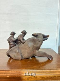 Ancien Sculpture Buffle D'eau aux Deux Enfants Dynastie Qing Vietnam Chine Chino