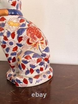 Ancien Sculpture Chat Famille Verte Porcelaine Pivoine Chine Chinois Japon Japon