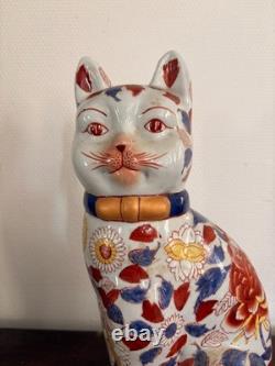 Ancien Sculpture Chat Famille Verte Porcelaine Pivoine Chine Chinois Japon Japon