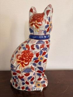 Ancien Sculpture Chat Famille Verte Porcelaine Pivoine Chine Chinois Japon Japon