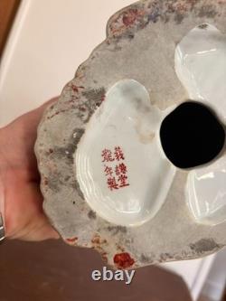 Ancien Sculpture Chat Famille Verte Porcelaine Pivoine Chine Chinois Japon Japon