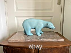 Ancien Sculpture Ours Polaire Céramique Bleu Craquelée L&V Ceram Art Déco 1930