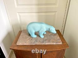 Ancien Sculpture Ours Polaire Céramique Bleu Craquelée L&V Ceram Art Déco 1930