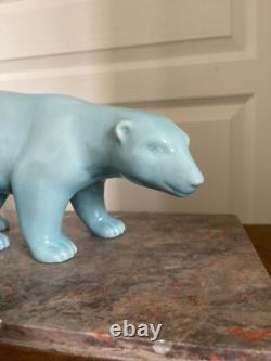 Ancien Sculpture Ours Polaire Céramique Bleu Craquelée L&V Ceram Art Déco 1930