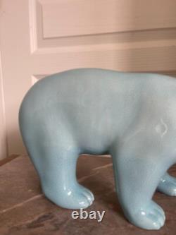 Ancien Sculpture Ours Polaire Céramique Bleu Craquelée L&V Ceram Art Déco 1930