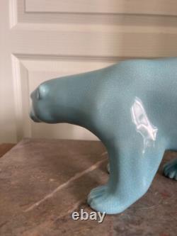 Ancien Sculpture Ours Polaire Céramique Bleu Craquelée L&V Ceram Art Déco 1930