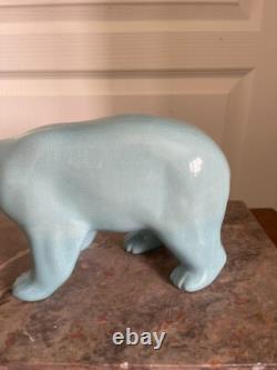 Ancien Sculpture Ours Polaire Céramique Bleu Craquelée L&V Ceram Art Déco 1930