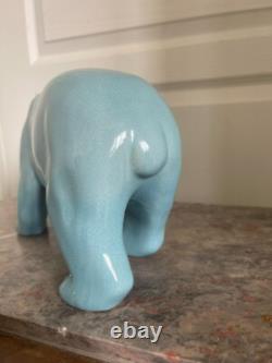 Ancien Sculpture Ours Polaire Céramique Bleu Craquelée L&V Ceram Art Déco 1930