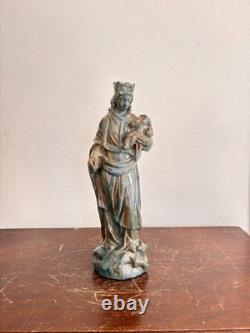 Ancien Sculpture Poterie Terre Cuite Emaillé Vernissé Vierge Enfant Couronnée Ma
