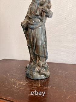 Ancien Sculpture Poterie Terre Cuite Emaillé Vernissé Vierge Enfant Couronnée Ma
