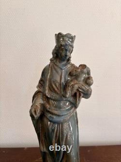 Ancien Sculpture Poterie Terre Cuite Emaillé Vernissé Vierge Enfant Couronnée Ma