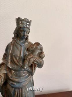 Ancien Sculpture Poterie Terre Cuite Emaillé Vernissé Vierge Enfant Couronnée Ma