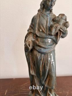 Ancien Sculpture Poterie Terre Cuite Emaillé Vernissé Vierge Enfant Couronnée Ma