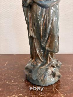 Ancien Sculpture Poterie Terre Cuite Emaillé Vernissé Vierge Enfant Couronnée Ma