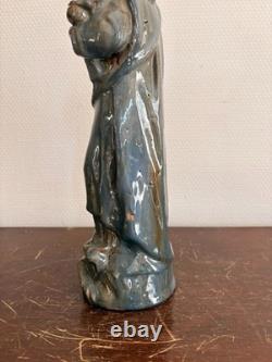 Ancien Sculpture Poterie Terre Cuite Emaillé Vernissé Vierge Enfant Couronnée Ma