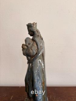 Ancien Sculpture Poterie Terre Cuite Emaillé Vernissé Vierge Enfant Couronnée Ma